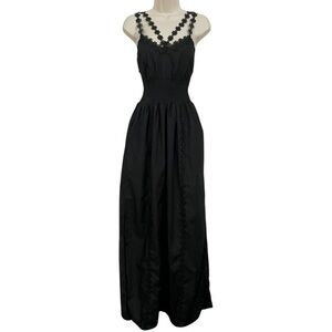 Zoe women’s smocked sun dress floral appliqué maxi black size S 100% cotton slit